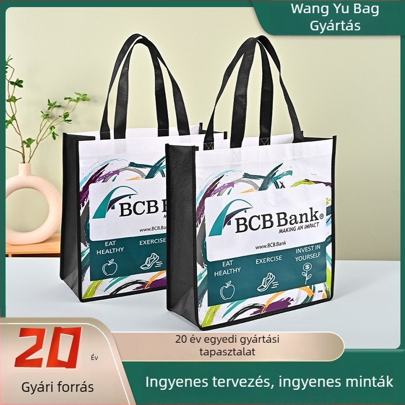 Nem szövött tote táska alappal és oldalakkal, testreszabható, logónyomás elérhető, színes laminált zsebbel