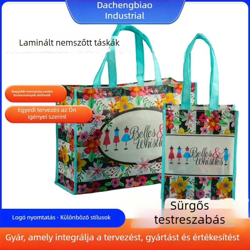 Laminált nemszövött táska színes nyomtatással, ajándékokhoz, elviteles csomagoláshoz és bevásárláshoz
