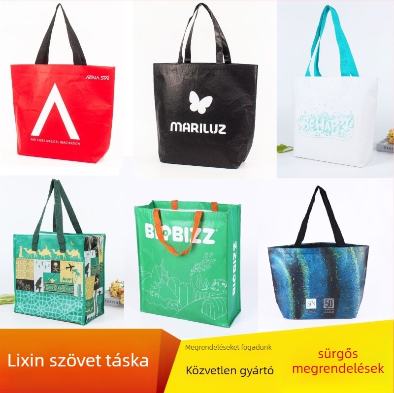 Kétoldalas laminált RPET bevásárlótáska, környezetbarát, vastag vízálló LiXin anyagból, sarokvarrással, testre szabható
