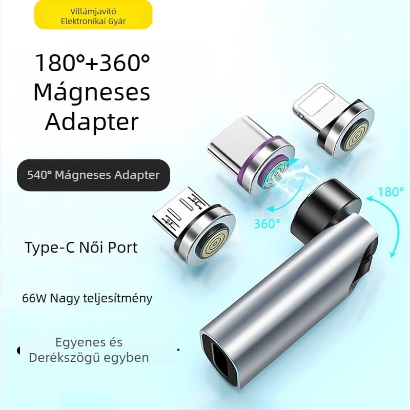 540°-ban forgó mágneses Type-C adapter adatátvitelhez és 3A gyors töltéshez, mágneses kábel-adapter