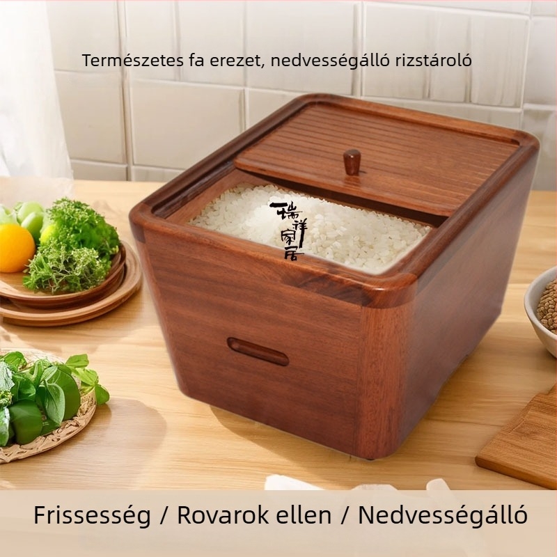 Tömörfa ebony rizstároló hordó, rovar- és nedvességálló konyhai tároló, kapacitás 9–10 liter
