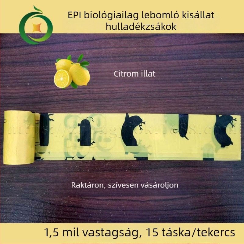Biológiailag lebomló kisállatürülék-zacskók citromos illattal, 1,5 mil vastagságú, kutyasétáltatáshoz
