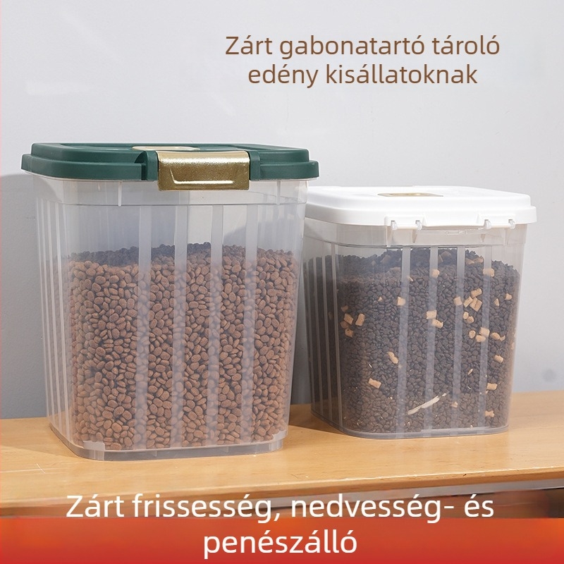 Nedvességálló tárolóedény háziállati élelmiszerhez, légmentesen záródó fedéllel, macska- és kutyaeledelhez, 10 L+