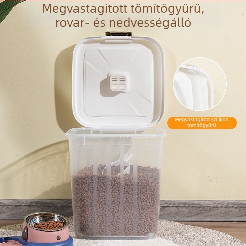 Nedvességálló tárolóedény háziállati élelmiszerhez, légmentesen záródó fedéllel, macska- és kutyaeledelhez, 10 L+