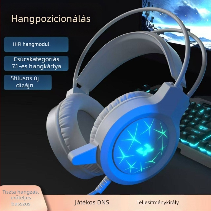 Vezetékes játékfejhallgató USB-vel, LED világítással, PC-hez és laptophoz