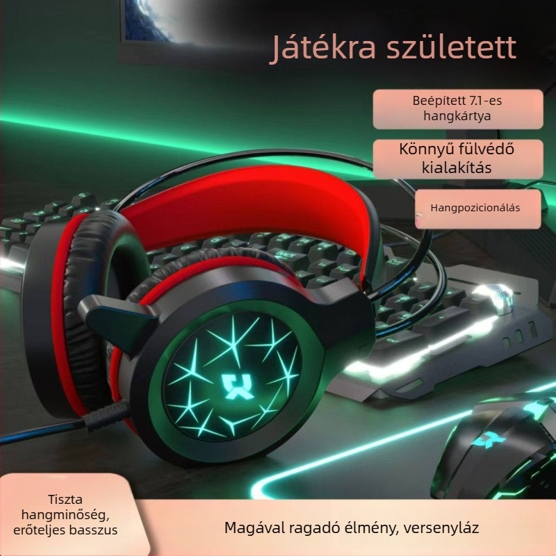 Vezetékes játékfejhallgató USB-vel, LED világítással, PC-hez és laptophoz