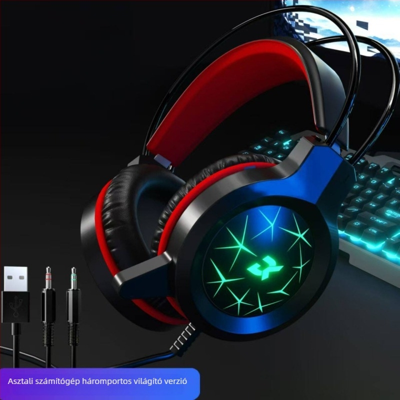 Vezetékes játékfejhallgató USB-vel, LED világítással, PC-hez és laptophoz