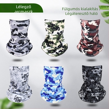 Kamuflált mintázatú kerékpáros maszk jégselyemből, fülhurokkal, szélvédett, UV védelem, nyakkendő