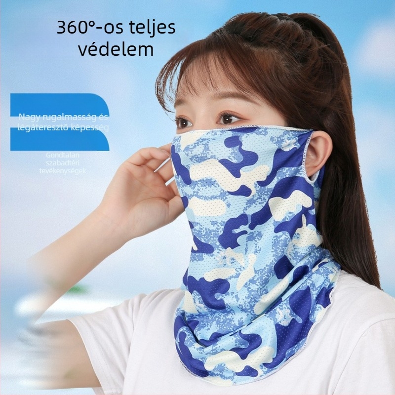 Kamuflált mintázatú kerékpáros maszk jégselyemből, fülhurokkal, szélvédett, UV védelem, nyakkendő