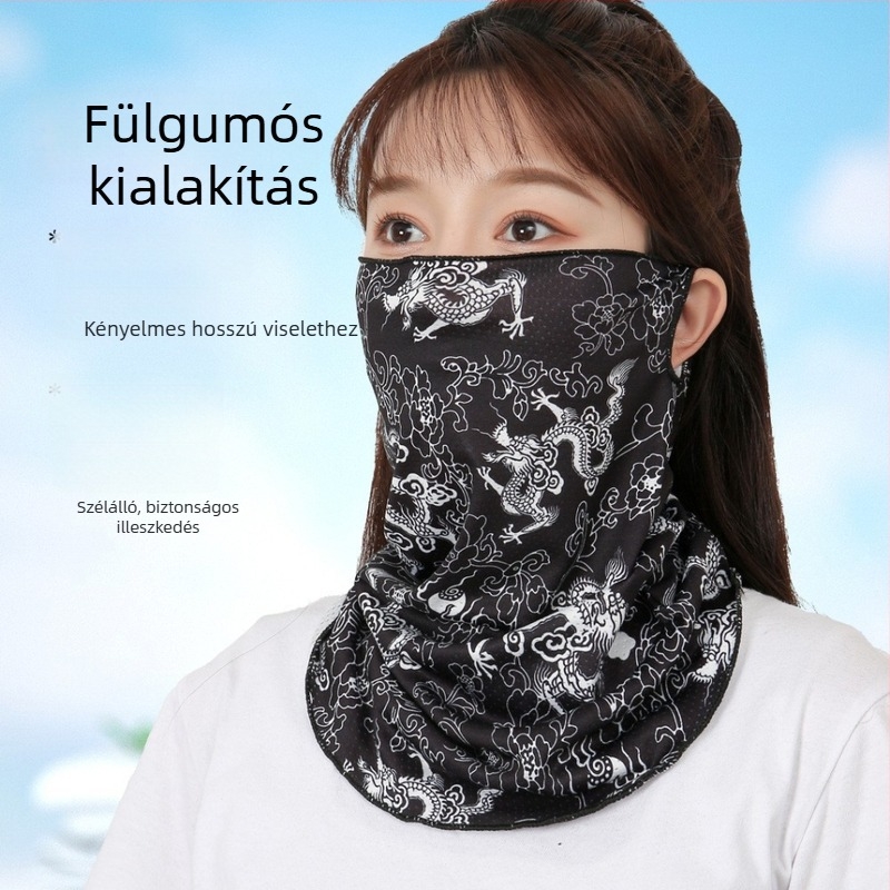 Kamuflált mintázatú kerékpáros maszk jégselyemből, fülhurokkal, szélvédett, UV védelem, nyakkendő