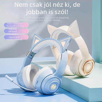 Macskafülű vezeték nélküli Bluetooth fejhallgató mikrofonnal, játékhoz és élő közvetítéshez