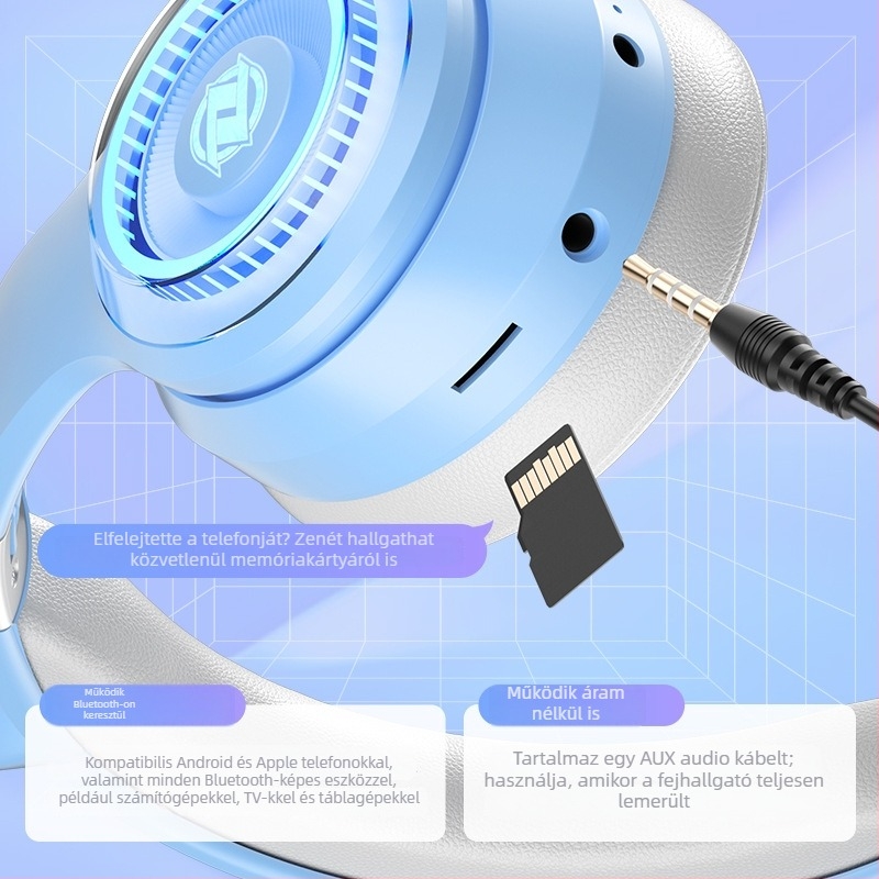 Macskafülű vezeték nélküli Bluetooth fejhallgató mikrofonnal, játékhoz és élő közvetítéshez