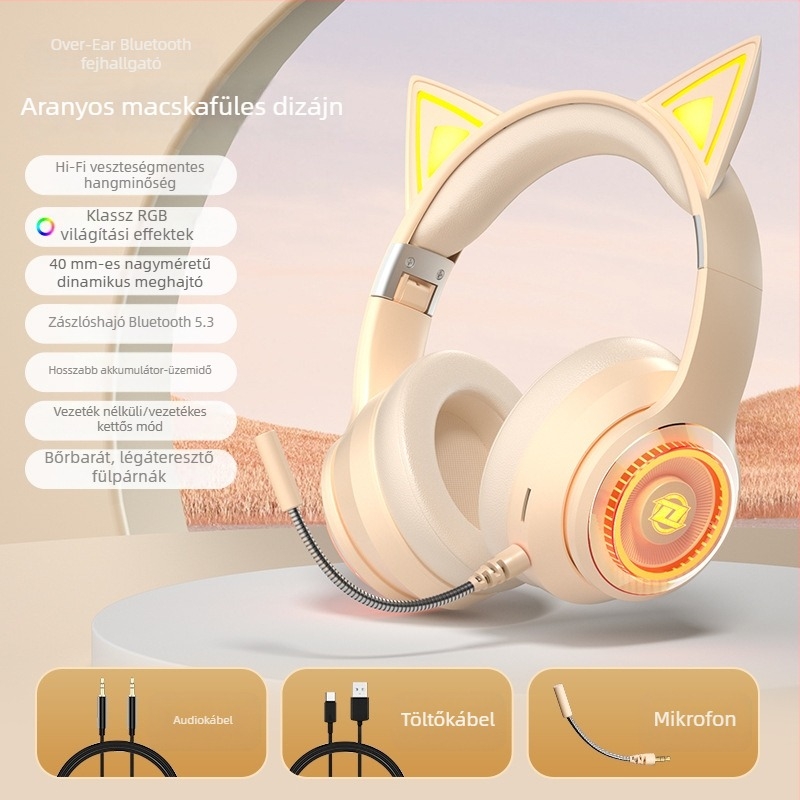 Macskafülű vezeték nélküli Bluetooth fejhallgató mikrofonnal, játékhoz és élő közvetítéshez