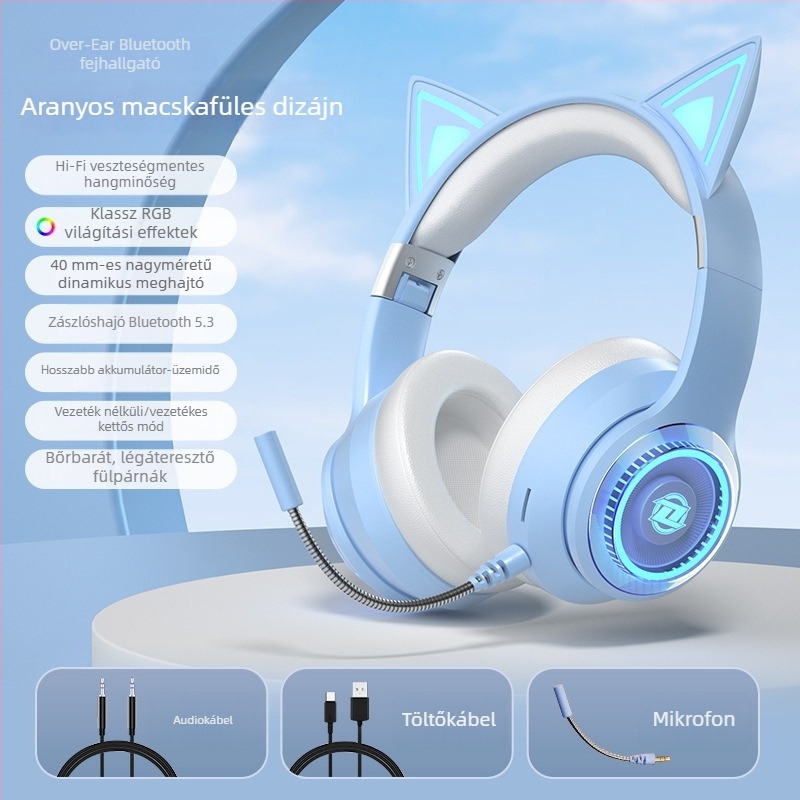 Macskafülű vezeték nélküli Bluetooth fejhallgató mikrofonnal, játékhoz és élő közvetítéshez