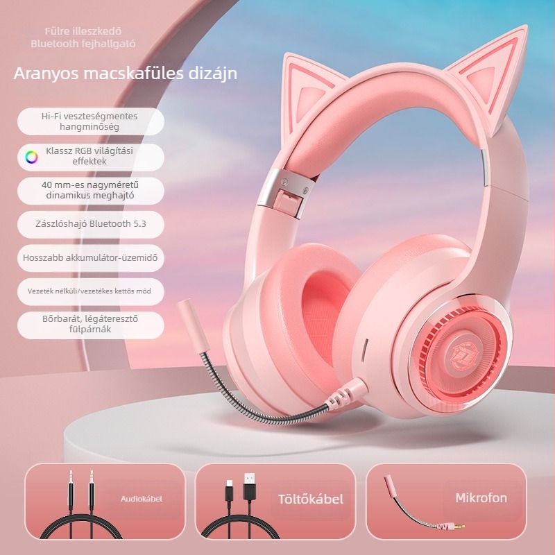 Macskafülű vezeték nélküli Bluetooth fejhallgató mikrofonnal, játékhoz és élő közvetítéshez