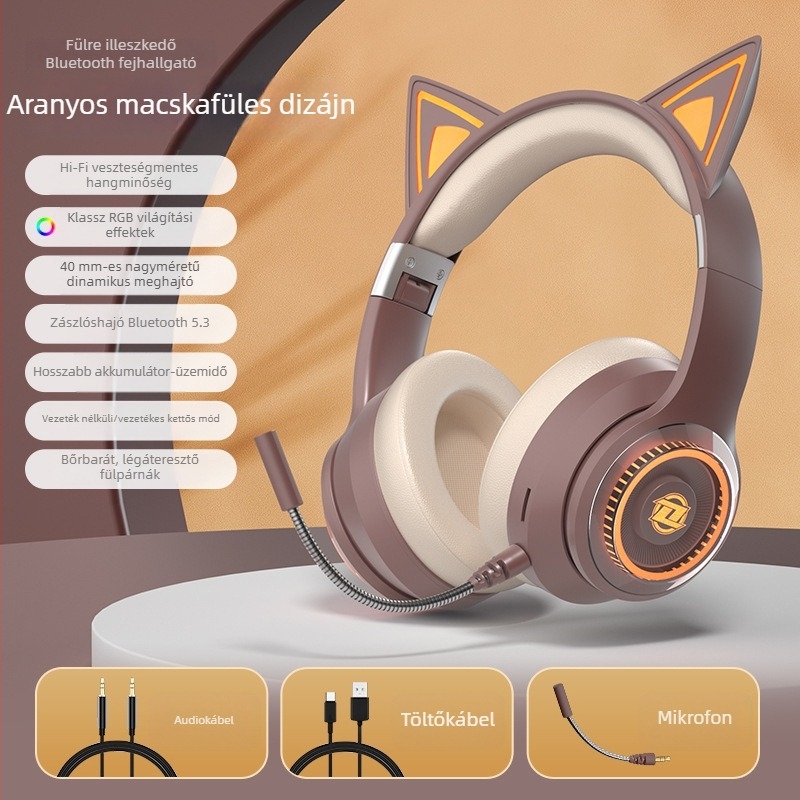 Macskafülű vezeték nélküli Bluetooth fejhallgató mikrofonnal, játékhoz és élő közvetítéshez