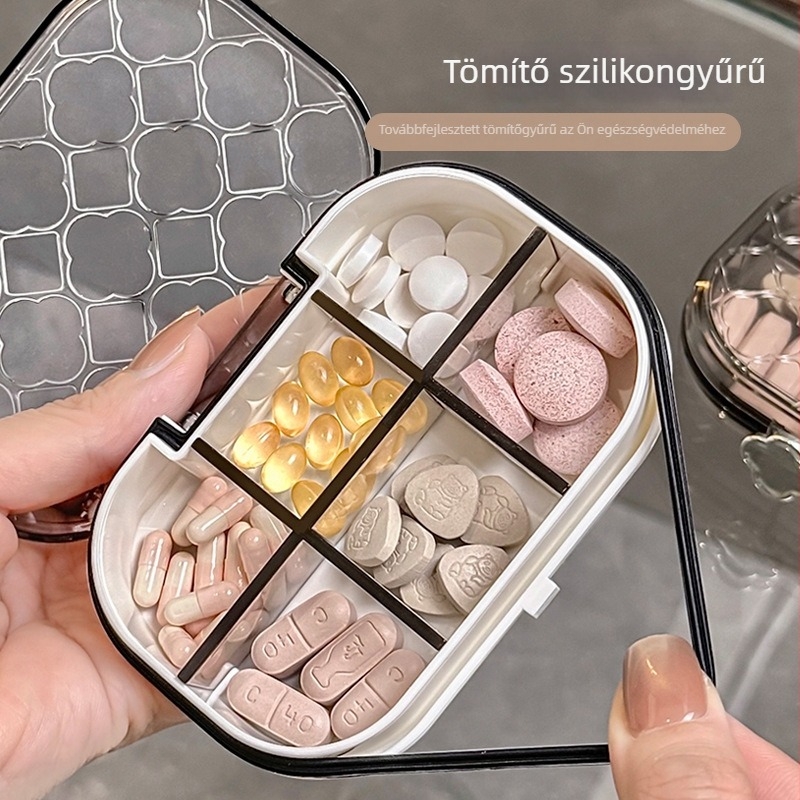 Tablettatároló doboz több rekesszel, zárt, nedvességálló, hordozható