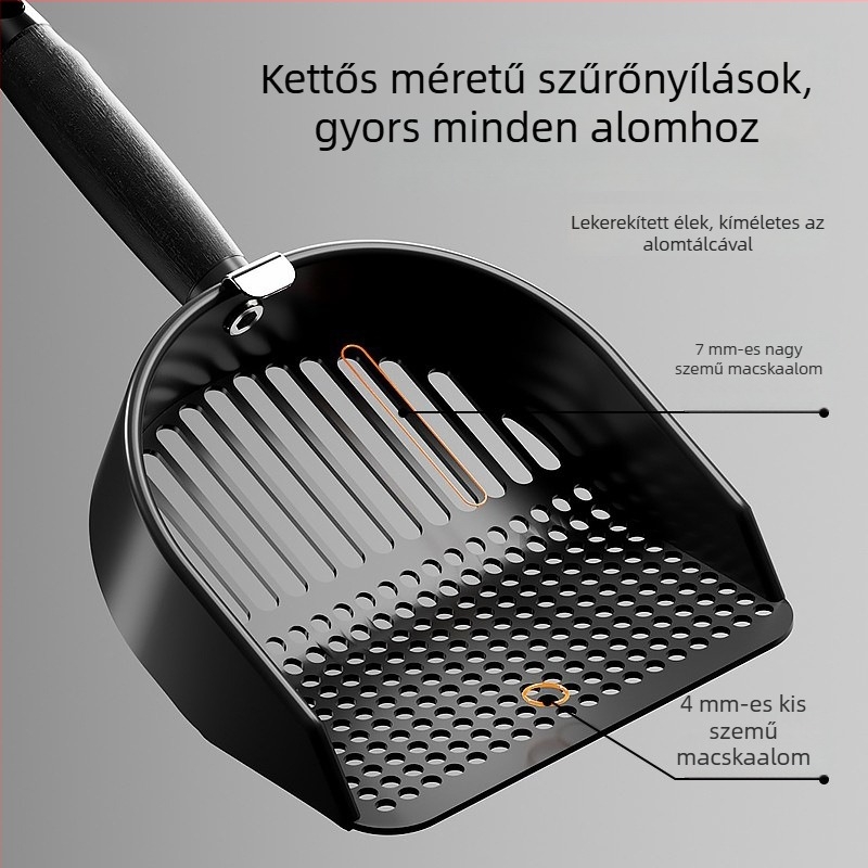 Teljesen fekete rozsdamentes acél macskaalom-szedő lapát – kétfunkciós, nagy és finom lyukakkal