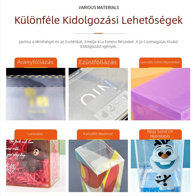 Személyre szabott átlátszó PVC csomagoló doboz PET hajtogatható betéttel, matt felülettel kozmetikai és játék tárolásához