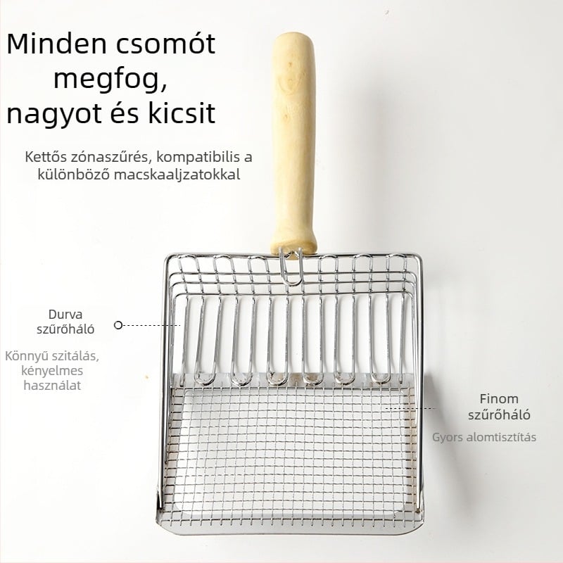Rozsdamentes acélból készült macskaalom lapát, 2 az 1-ben fin lyukakkal, tofu-alomhoz és ásványi alomhoz