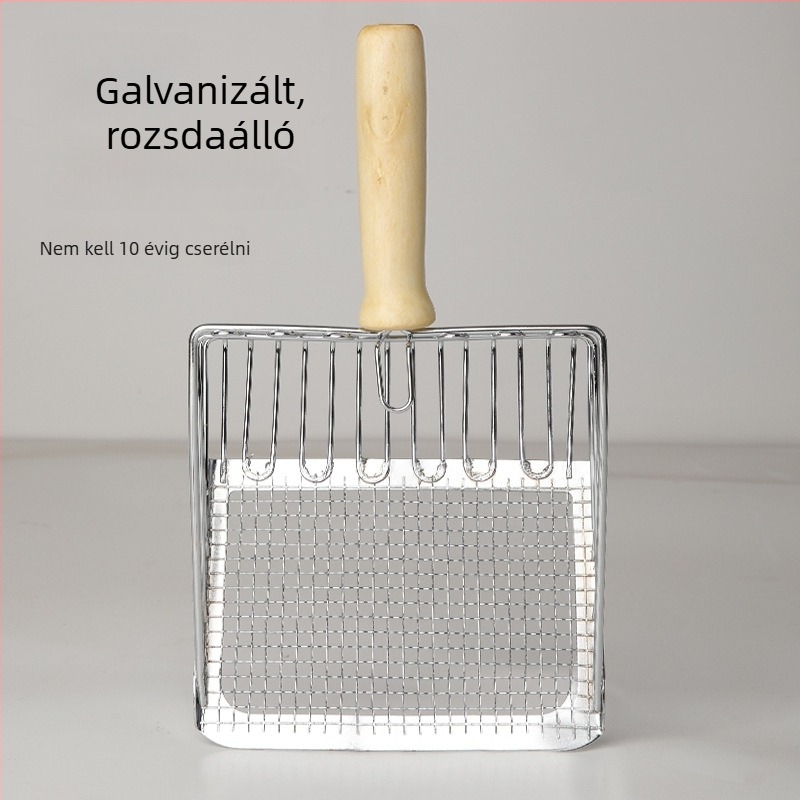Rozsdamentes acélból készült macskaalom lapát, 2 az 1-ben fin lyukakkal, tofu-alomhoz és ásványi alomhoz