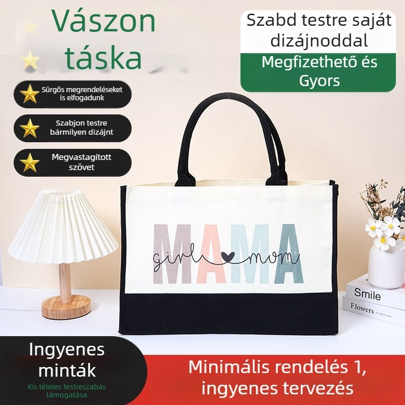 Személyre szabott vászontáska logónyomtatással, aljával és oldalain