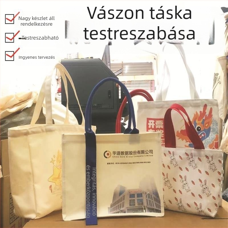 Vászon táskák egyedi logóval, pamut táskák, 3D dizájn, egyedi gyártás vállalati rendezvényekre, ajándék textile táskák