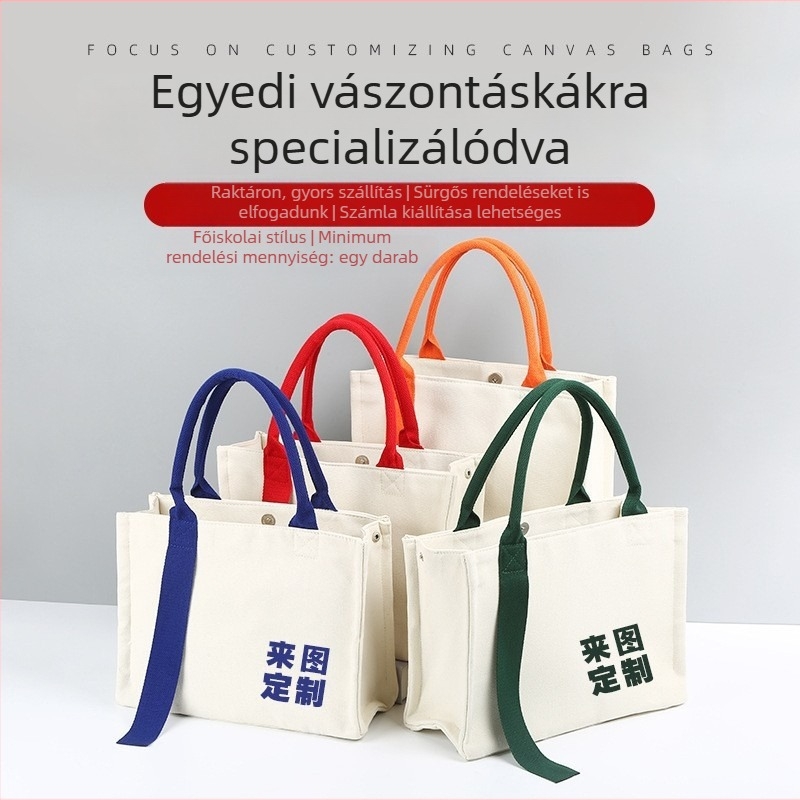 Háromdimenziós vászontáska egyedi logóval, nagy kapacitású Tote, bevásárlótáska pántos kivitel vállalatok és iskolák számára, raktáron