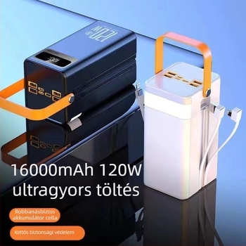 120W gyorstöltésű külső akkumulátor, 200000 mAh, beépített kábellel, kültéri élő közvetítéshez