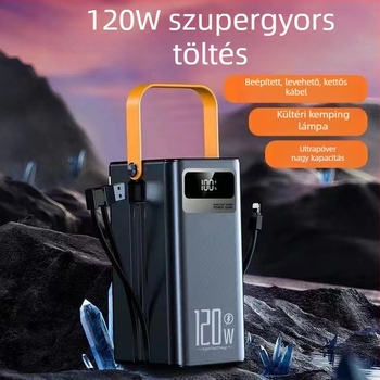 120W gyorstöltésű külső akkumulátor, 200000 mAh, beépített kábellel, kültéri élő közvetítéshez