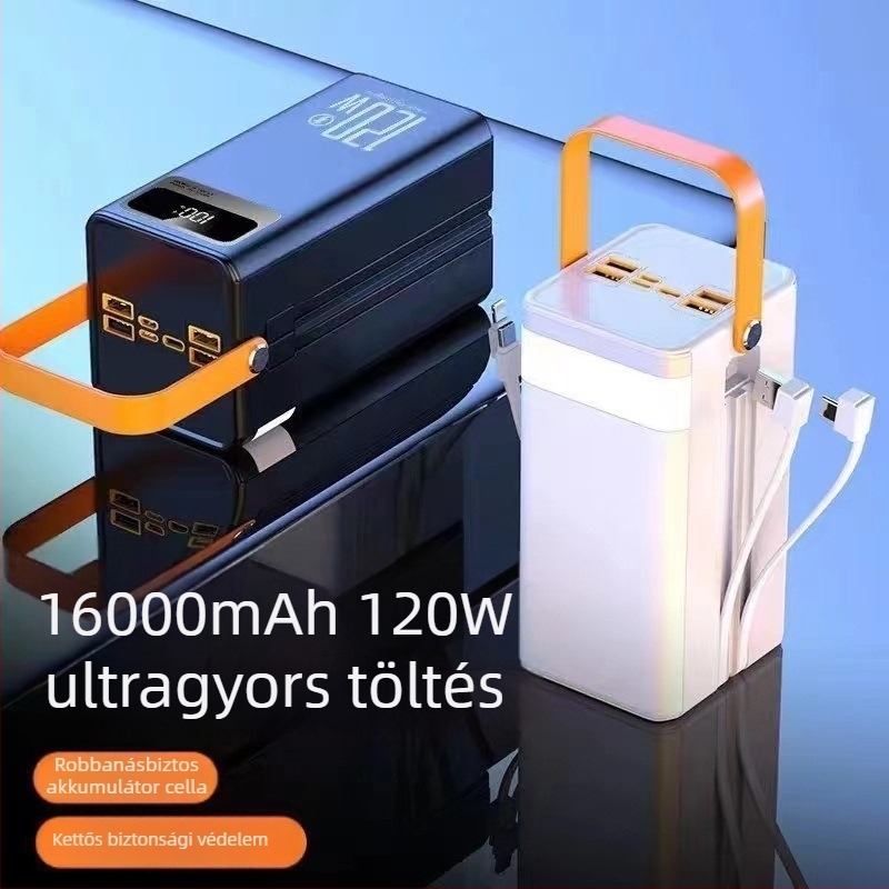 120W gyorstöltésű külső akkumulátor, 200000 mAh, beépített kábellel, kültéri élő közvetítéshez