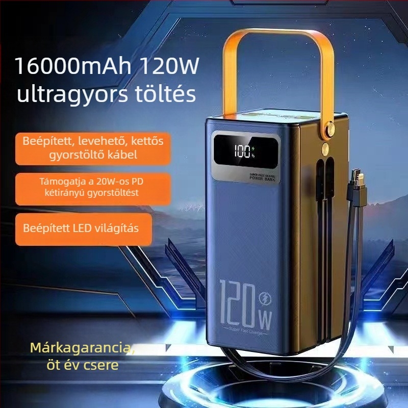 120W gyorstöltésű külső akkumulátor, 200000 mAh, beépített kábellel, kültéri élő közvetítéshez