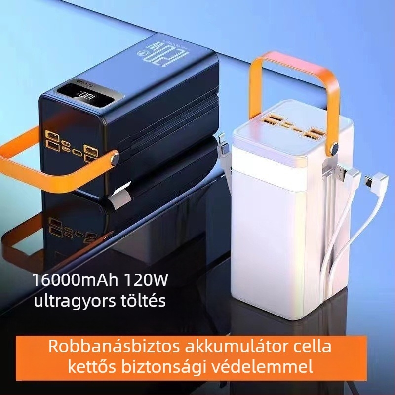 120W gyorstöltésű külső akkumulátor, 200000 mAh, beépített kábellel, kültéri élő közvetítéshez