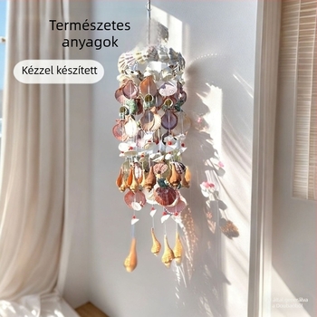 Kézzel készített szélharang természetes kagylókból, beltéri dekoráció, tengerparti téma, kreatív díszítés