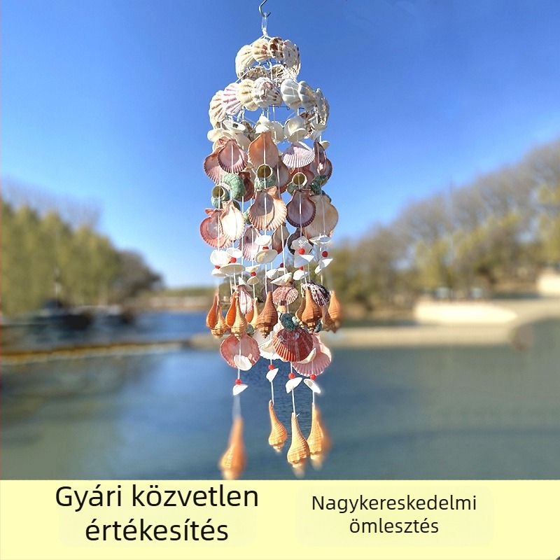 Kézzel készített szélharang természetes kagylókból, beltéri dekoráció, tengerparti téma, kreatív díszítés