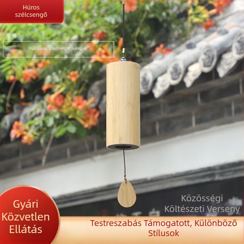 Japán-stílusú antik bambusz szélcsengő kézzel forgatható bambuszcsővel, natúr bambusz szín, kristálykő, réz-metál