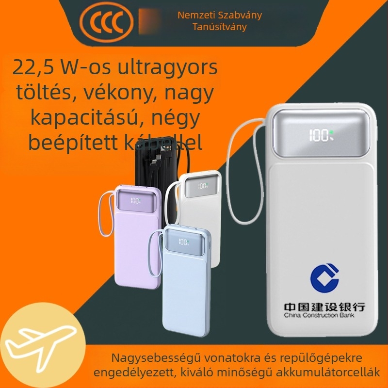 3C-s tanúsítvánnyal rendelkező Power Bank gyors töltéssel, nagy kapacitású, hordozható, beépített kábel, repülőútra alkalmas, logó testreszabás