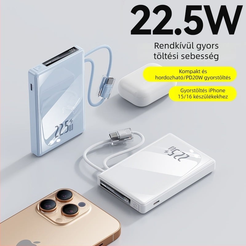 10000 mAh-s power bank beépített szövött kábellel, kültéri használatra, digitális LCD-kijelző, gyors töltés PD 3.0