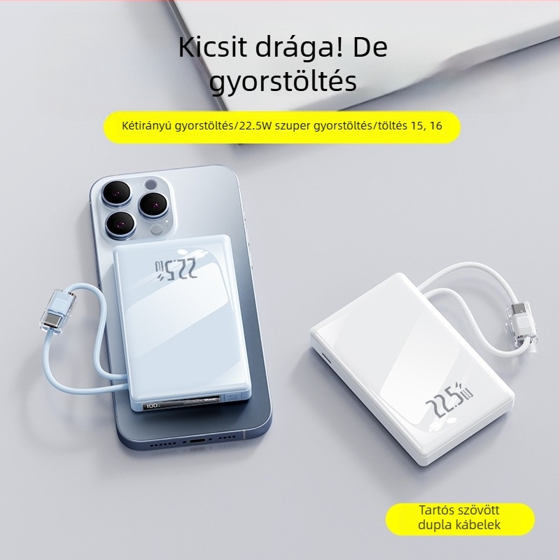 10000 mAh-s power bank beépített szövött kábellel, kültéri használatra, digitális LCD-kijelző, gyors töltés PD 3.0