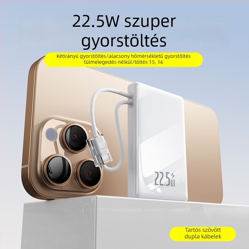 10000 mAh-s power bank beépített szövött kábellel, kültéri használatra, digitális LCD-kijelző, gyors töltés PD 3.0