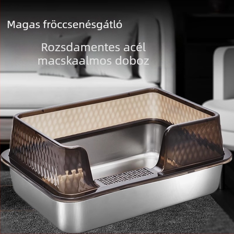 Tianyuan macska toaletta rozsdamentes acélból, nyílt kialakítású, magas oldalakkal, cseppálló, mély, félig zárt