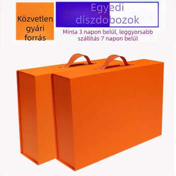 Narancssárga hordozható ajándékdoboz felnyitható fedéllel, nagy méretű, kemény doboz, egyedi nyomtatott mintával