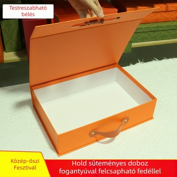 Narancssárga hordozható ajándékdoboz felnyitható fedéllel, nagy méretű, kemény doboz, egyedi nyomtatott mintával