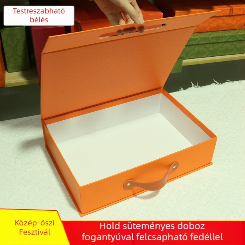 Narancssárga hordozható ajándékdoboz felnyitható fedéllel, nagy méretű, kemény doboz, egyedi nyomtatott mintával
