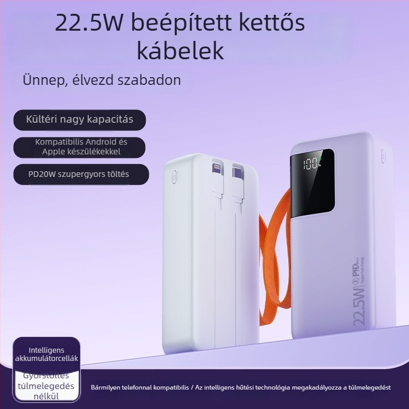 50000mAh-s külső akkumulátor, nagy kapacitás, digitális kijelző, beépített kábel, 22,5W-os gyorstöltés