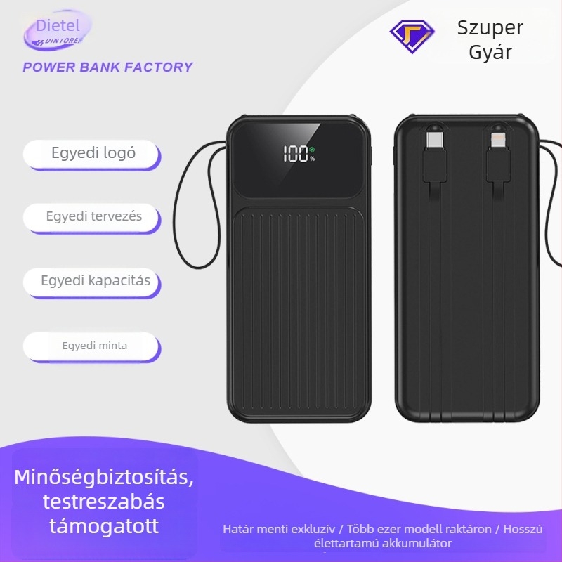 Új digitális kijelzős power bank beépített kábellel, PD22.5W gyors töltés, 20000mAh, személyre szabott logó