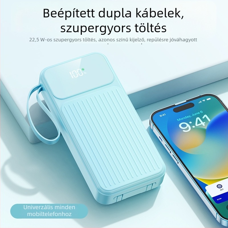 Új digitális kijelzős power bank beépített kábellel, PD22.5W gyors töltés, 20000mAh, személyre szabott logó