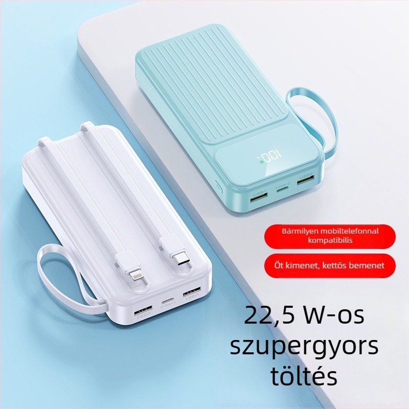 Új digitális kijelzős power bank beépített kábellel, PD22.5W gyors töltés, 20000mAh, személyre szabott logó