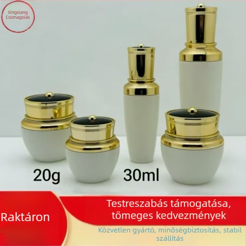 Újrahasználható frosted üveg kozmetikai üveg készlet – kis fekete korona alakú kupakkal, luxus krémekhez és lotionokhoz; tartalmaz pumpás fejet és fedél