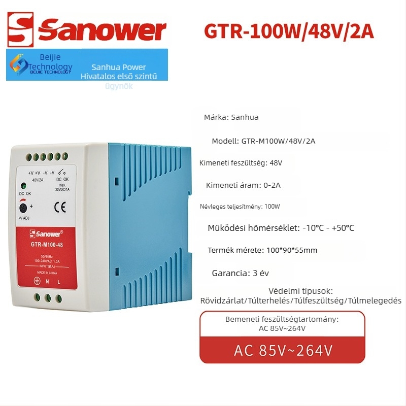 MDR/GTR-M100W 48V 2A egyfázisú műanyag házú sínre szerelhető kapcsolóüzemű tápegység alacsony feszültségű konverzióhoz